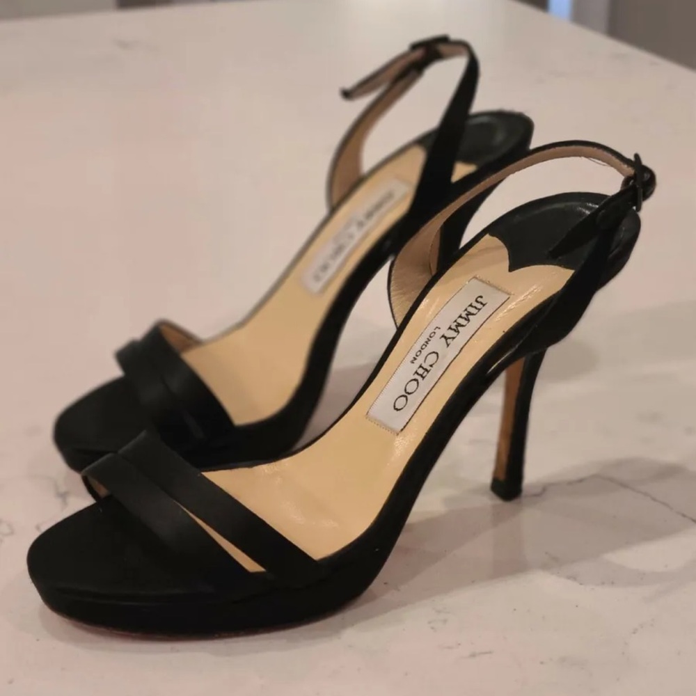 Jimmy Choo Black Satin Ankle Heel Sandals sz 36.5